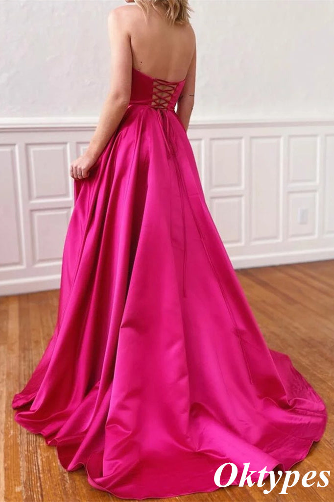 Elegant Strapless Azalea Side Slit Satin A-Line Long Evening Dresses, PDS1049