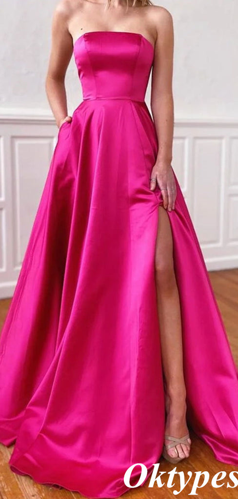 Elegant Strapless Azalea Side Slit Satin A-Line Long Evening Dresses, PDS1049