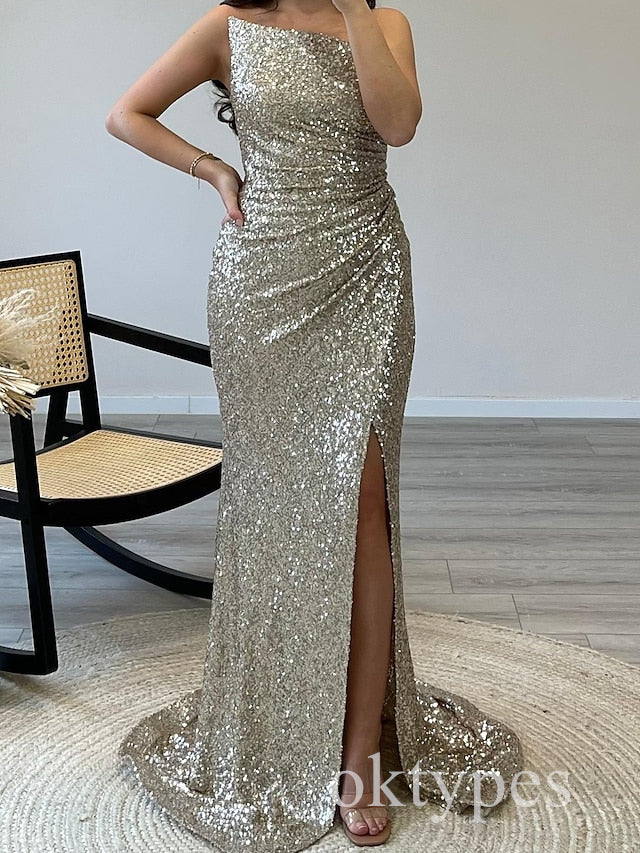 Sliver Shiny Sleeveless Side Slit Mermaid Long Women Prom Dresses PDS1272