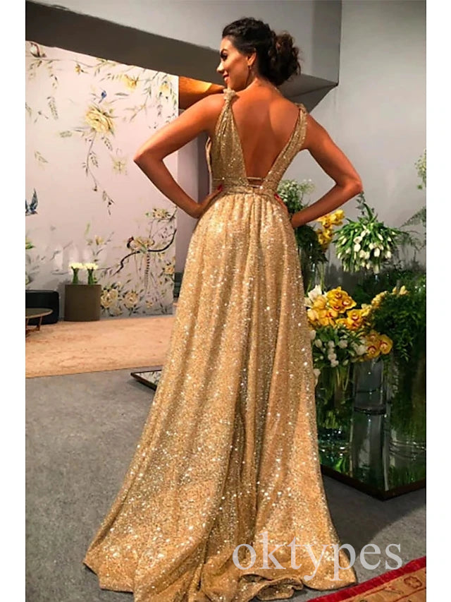 Gold Sparkly V-neck Sleeveless A-line Long Women Prom Dresses PDS1274