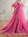 Pink Off Shoulder Sleeveless Side Slit A-line Long Women Prom Dresses PDS1275