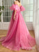 Pink Off Shoulder Sleeveless Side Slit A-line Long Women Prom Dresses PDS1275