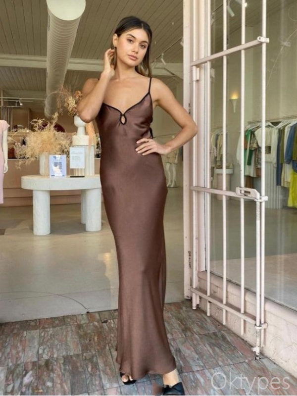 Charming Brown Chocolate Spaghetti Strap Floor-Length Prom Dresses PDS1096