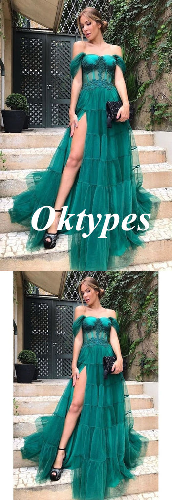 Sexy Off Shoulder Tulle Side Slit -Line Long Prom Dresses With Applique, PDS1017