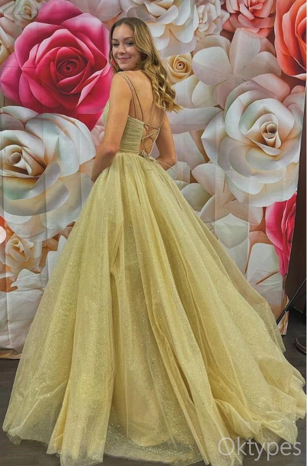 Simple Yellow Spaghetti Strap V-Neck A-Line Tulle Prom Dresses PDS1087