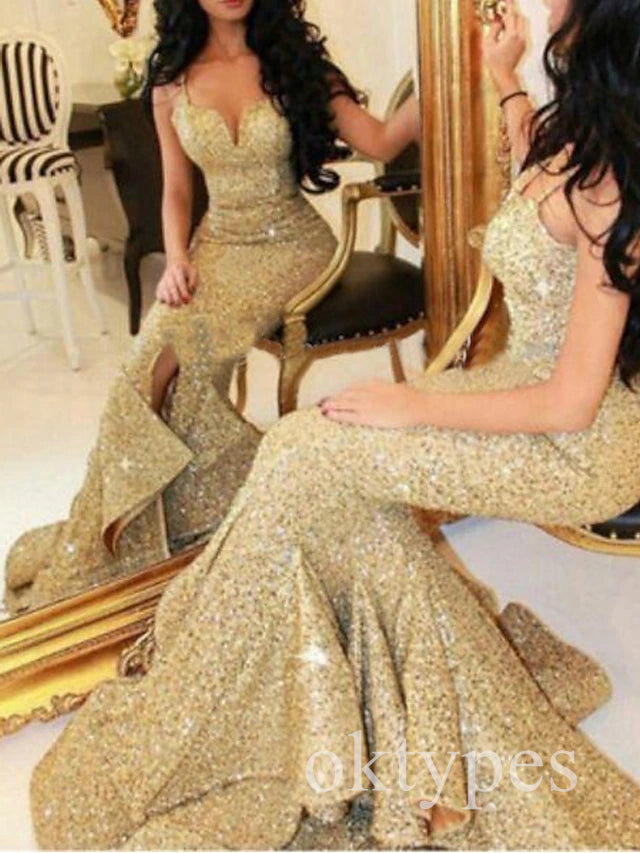 Sparkly V-neck Sleeveless Mermaid Floor Length Women Prom Dresses PDS1286