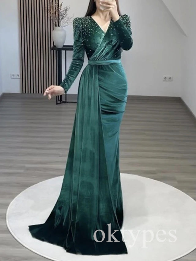 Elegant V-neck Long Sleeves Mermaid  Long Women Prom Dresses PDS1279