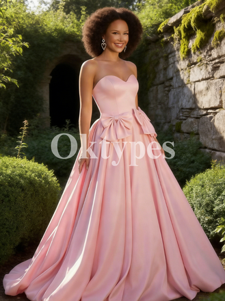 Pink Satin Ball Gown with Bows Evening Dresses Floor Length Women Prom Dresses Elegant