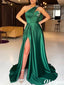 Elegant Emerald One Shoulder Beading Side Slit With Trailing Soft Satin A-Line Formal Gown, PDS1051