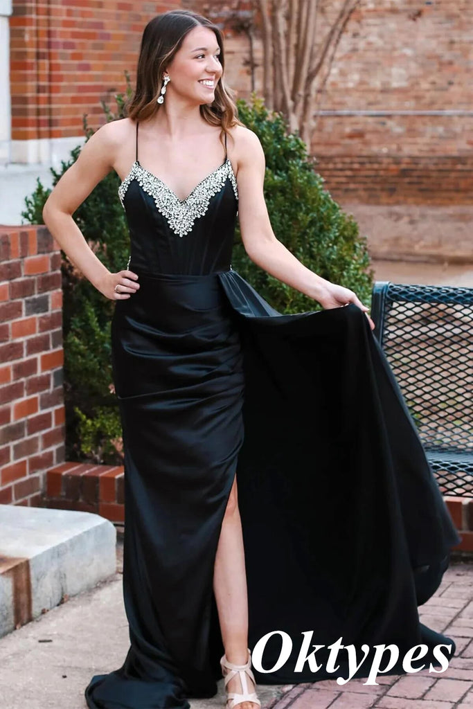 Sexy Black Soft Satin Spaghetti Straps Side Slit Mermaid Long Prom Dresses With Beading, PDS1035
