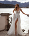 Elegant White Tulle V-Neck A-Line Side Slit Long Wedding Dresses,WDS0146