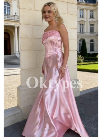 Long Pink Cocktail Dresses Evening Floor Length Women Prom Dresses Strapless