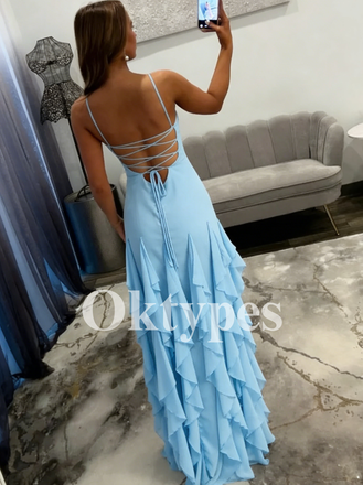 Baby Blue Ruffle Prom Dress with Deep V-Neck and High Slit 2026 Sexy Mermaid Style