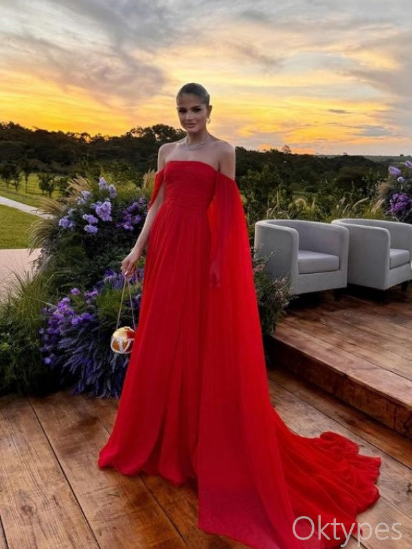 Sexy Red Off Shoulder Full Sleeve Floor-Length Women Prom Dresses PDS1252