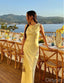 Women Cozy Yellow Sleeveless Satin Floor-Length Prom Dresses PDS1110