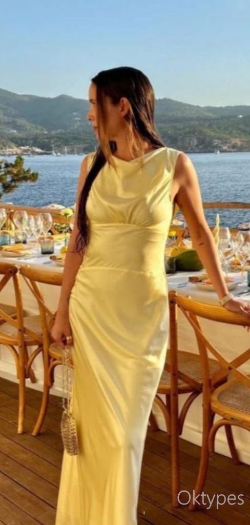 Women Cozy Yellow Sleeveless Satin Floor-Length Prom Dresses PDS1110