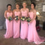 Women Cute Pink Spaghetti Strap Sweetheart Lace Long Bridesmaid Dresses Online, BDS0357