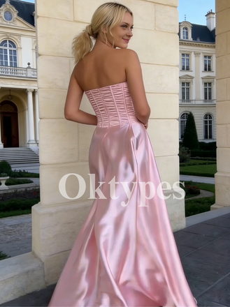 Long Pink Cocktail Dresses Evening Floor Length Women Prom Dresses Strapless