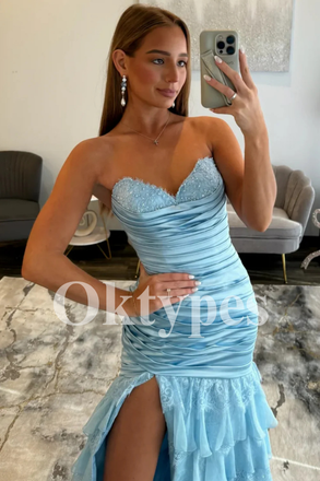Elegant Baby Blue Prom Dress Beaded Lace Top & Ruched Bodycon Gown