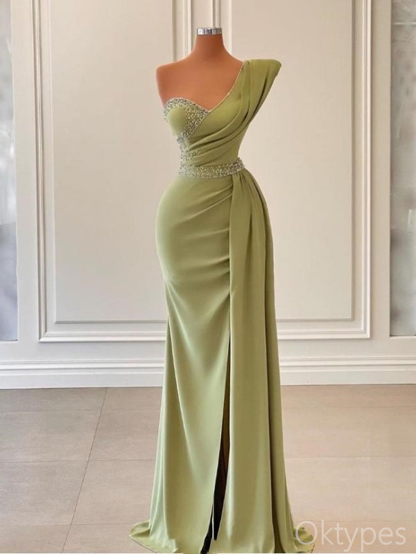 Green Sexy Beaded Side Slit Pleat Satin Floor-Length Prom Dresses PDS1109