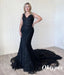 Sexy Black Tulle And Lace Spaghetti Straps V-Neck Mermaid Long Prom Dresses, PDS1016