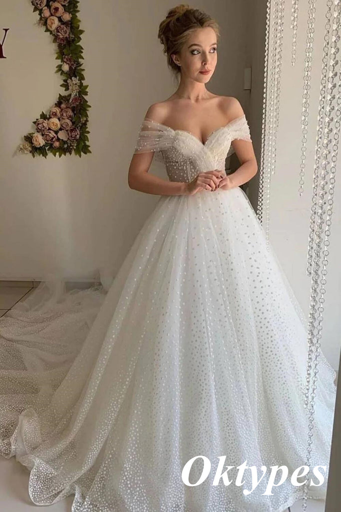 Elegant Off Shoulder V-Neck Sleeveless A-Line Long Wedding Dresses,WDS0143