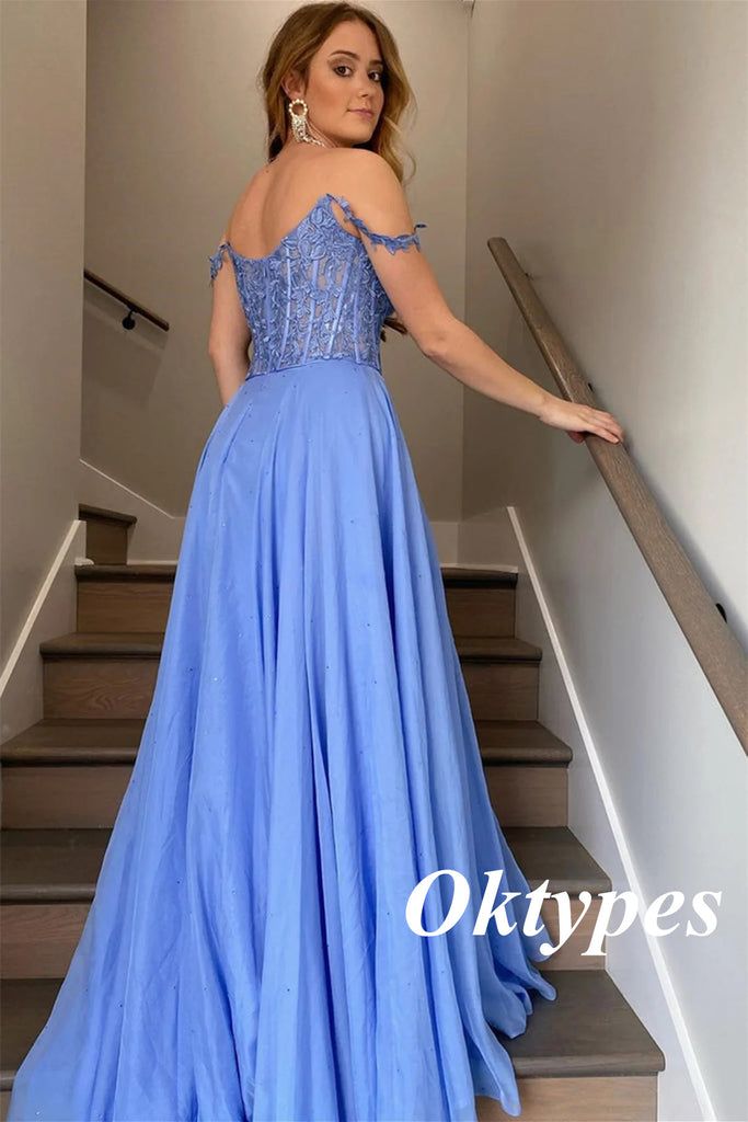 Elegant Tulle And Lace Beading Off Shoulder Sleeveless Side Slit A-Line Long Prom Dresses, PDS1004