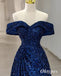 Elegant Sequin Off Shoulder V-Neck Sleeveless A-Line Long Prom Dresses, PDS0987