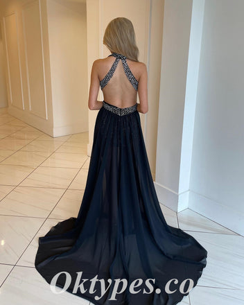 Sexy Chiffon Halter V-Neck Open Back Side Slit A-Line Long Prom Dresses, PDS0971