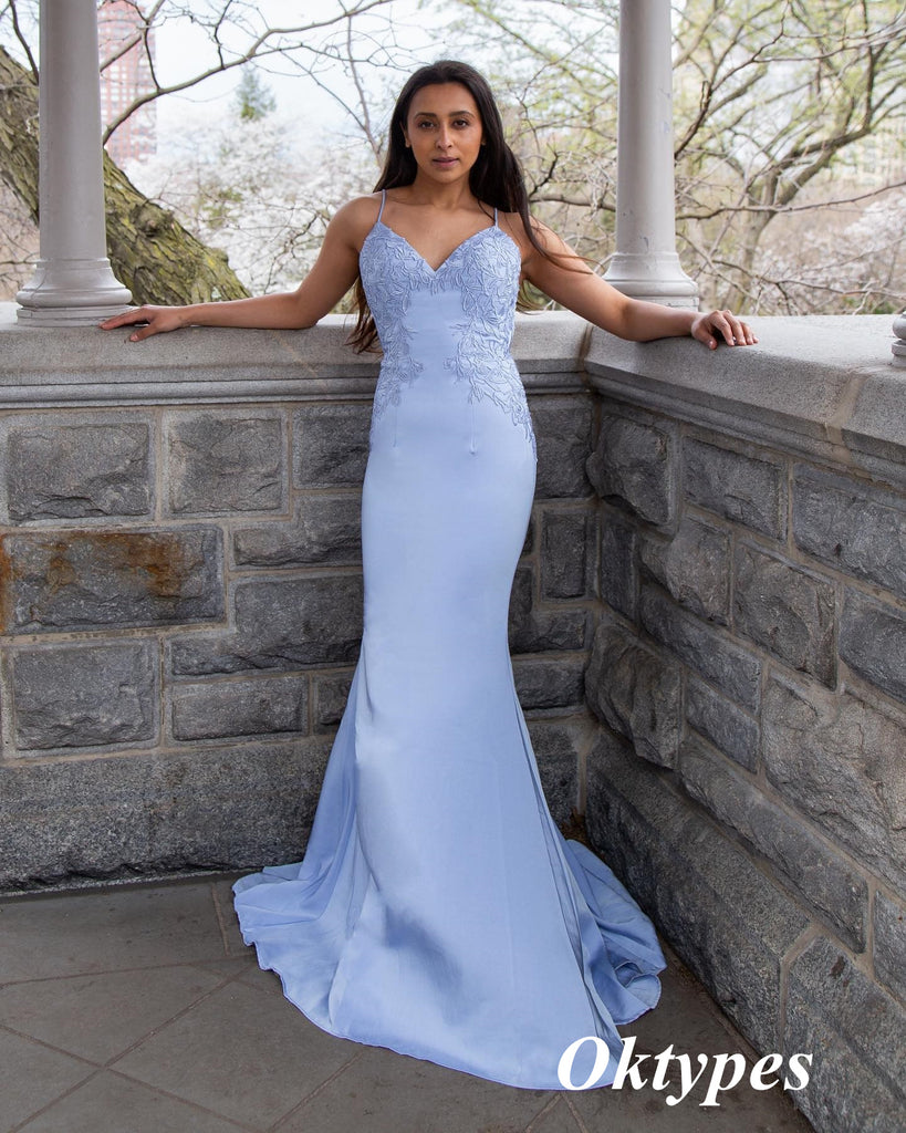 Sexy Satin Spaghetti Straps V-Neck Open Back Mermaid Long Prom Dresses With Appliques, PDS0993