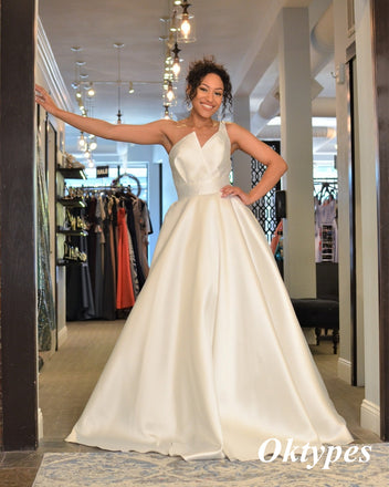 Sexy White Satin One Shoulder A-Line Long Prom Dresses, PDS1012