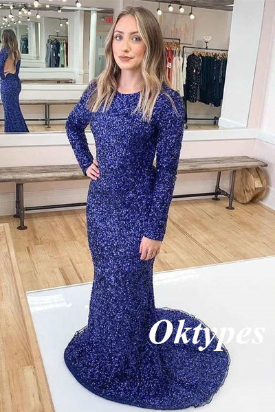 Sexy Sequin Round Neck Long Sleeves Backless Mermaid Long Prom Dresses, PDS1005