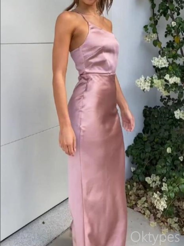 Sexy Pink One Shoulder Satin Sheath Floor-Length Prom Dresses PDS1170