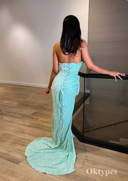 Sexy Sequin Sweetheart V-Neck Sleeveless Side Slit Mermaid Long Prom Dresses, PDS0977