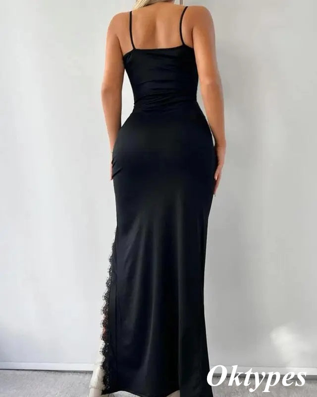 Sexy Black Satin And Lace Spaghetti Straps V-Lace Sleeveless Side Slit Mermaid Long Prom Dresses, PDS0998