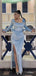 Soft Valvet Sky-Blue Side Slit Full-Sleeve Round Neck Long Prom Dresses PDS1076