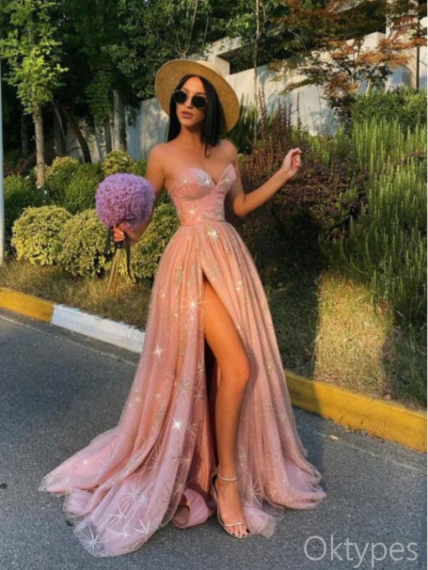 Pink Strapless Side Slit Sweetheart Tulle Women Floor-Length Prom Dresses PDS1216