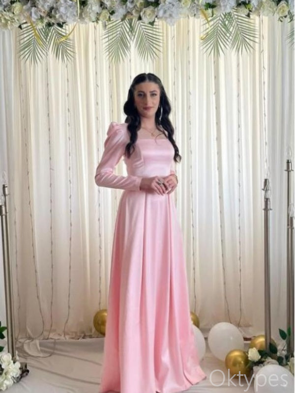 Princess Pink Full Sleeve A-Line Floor-Length Prom Dresses PDS1127