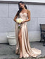 Classy Champagne Spaghetti Strap Side Slit Sweetheart Prom Dresses PDS1081