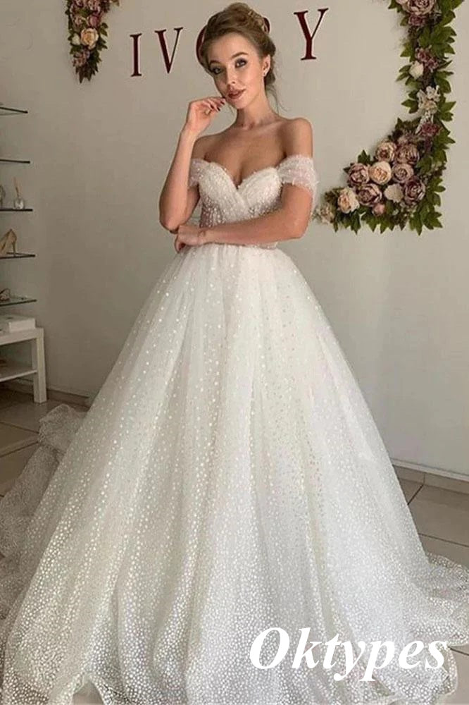 Elegant Off Shoulder V-Neck Sleeveless A-Line Long Wedding Dresses,WDS0143