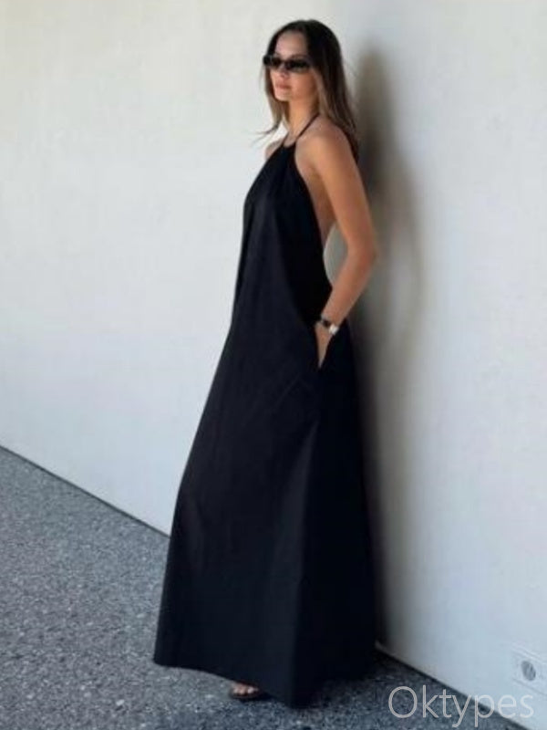 Unique Black Halter A-Line Backless Soft Floor-Length Women Prom Dresses PDS1249