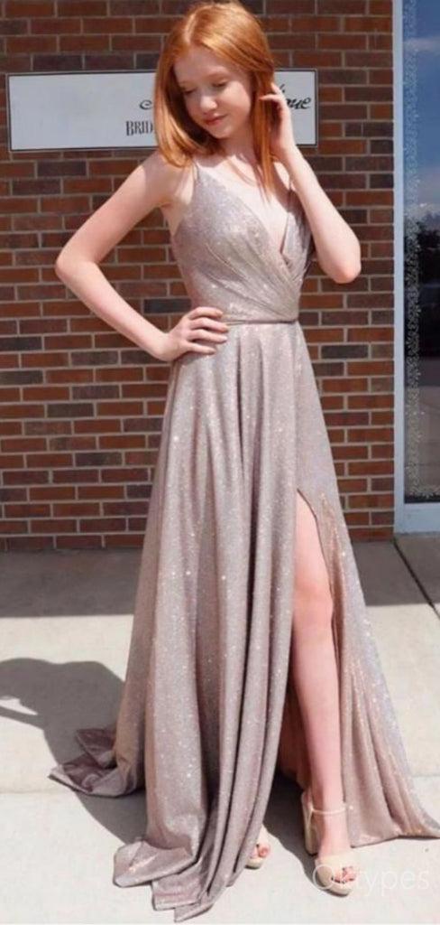 Sparkly Sliver Sweetheart V-Neck Side Slit Floor-Length Prom Dresses PDS1099