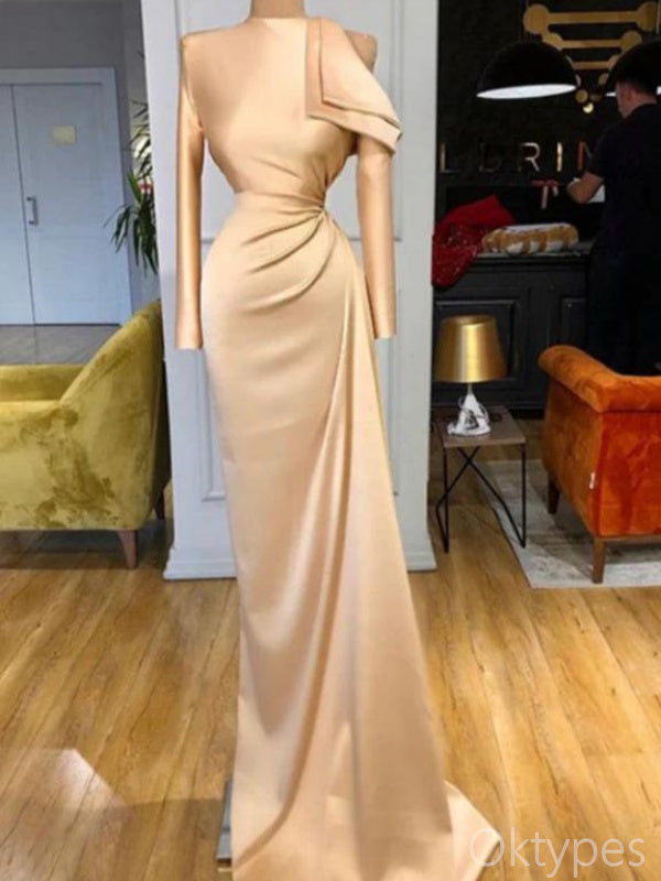 Champagne Elegant One Shoulder Mermaid Women Floor-Length Prom Dresses PDS1220