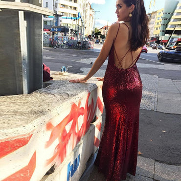 Red Mermaid Spaghetti Straps Backless Long Sequin Prom Dresses, TYP1437