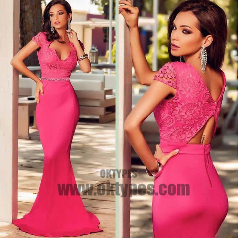Peach Pink Cap Sleeves Lace Top Prom Dress, Sexy Mermaid Floor Length Prom Dress, Prom Dresses, TYP0319