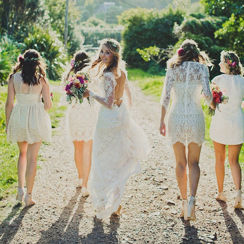 Sheath V-neck Backless Long Sleeves Lace Boho Wedding Dresses, TYP1411