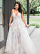 A-Line V-neck Sweep Train White Tulle Wedding Dress with Appliques, TYP1543