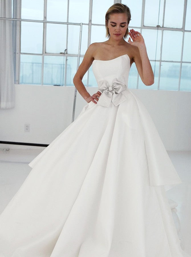 A-Line Strapless Long White Satin Wedding Dresses with Bow Knot, TYP1490