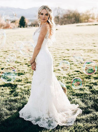 Mermaid V-Neck Sweep Train Sleeveless White Lace Wedding Dresses, TYP1544