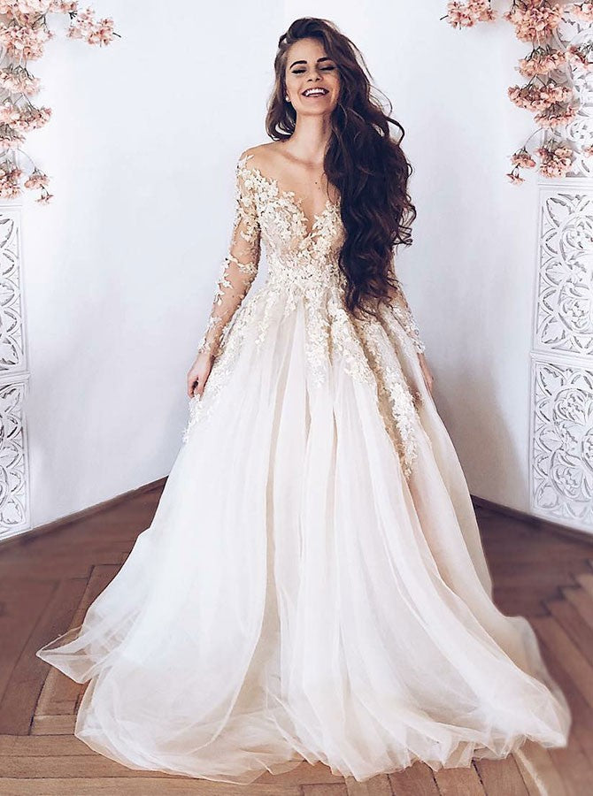 Illusion Neck Long Sleeves Tulle Wedding Dress with Appliques, TYP1488